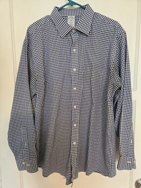 Vintage Brooks Brothers Men's Navy and White Cotton Gingham Dress Shirt 17-35